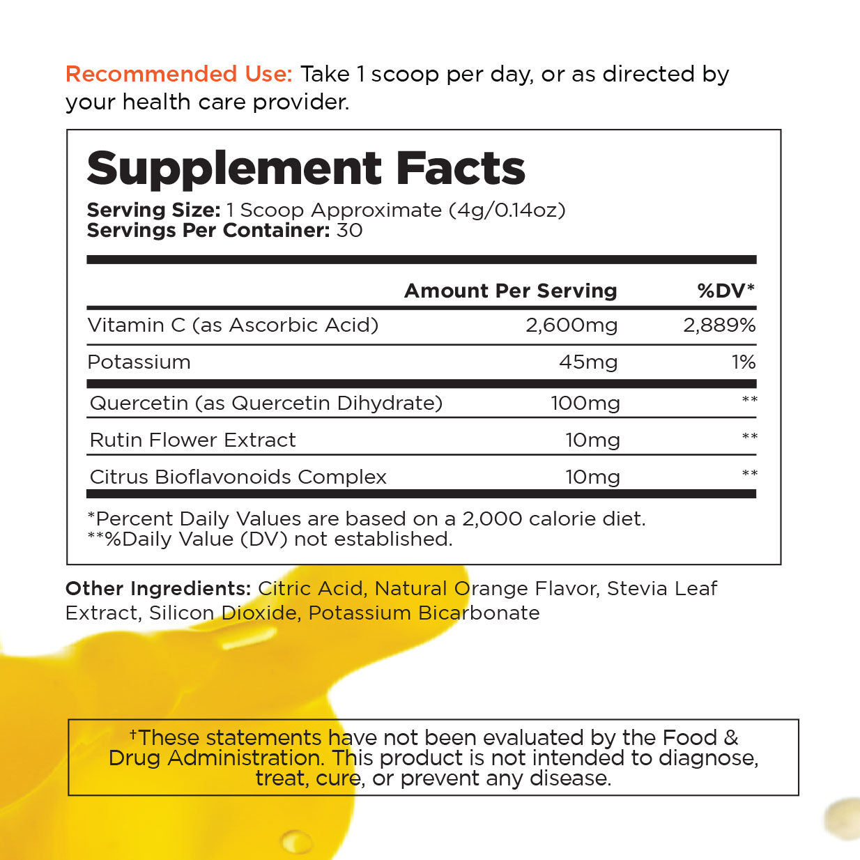 Supplement facts label showing recommended use, serving size, servings per container, and daily value percentages.