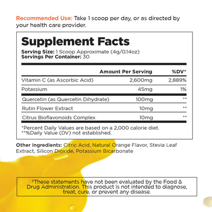 Supplement facts label showing recommended use, serving size, servings per container, and daily value percentages.