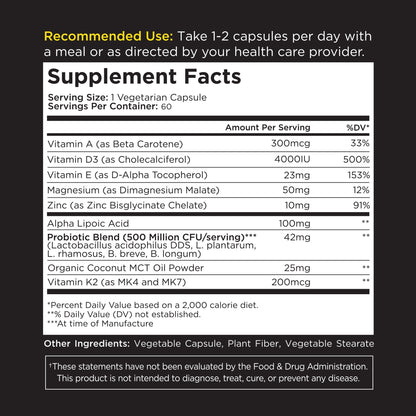 Supplement facts label, recommended use instructions, vitamin percentages, dietary supplement nutrition information.