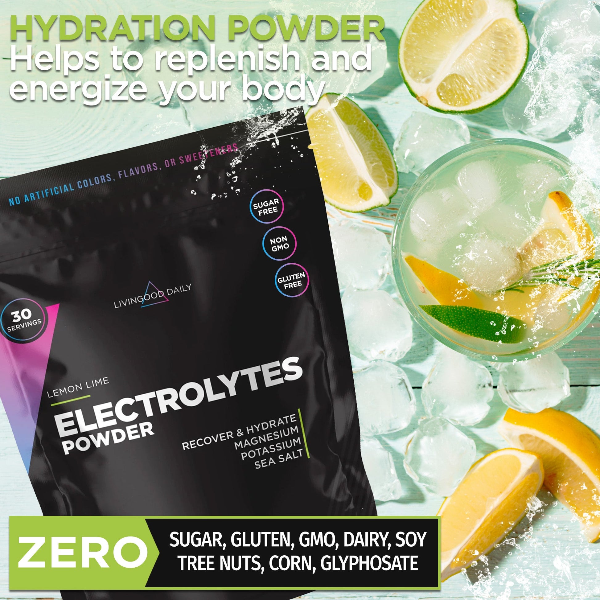 Electrolytes powder hydration supplement with lemon and ice cubes