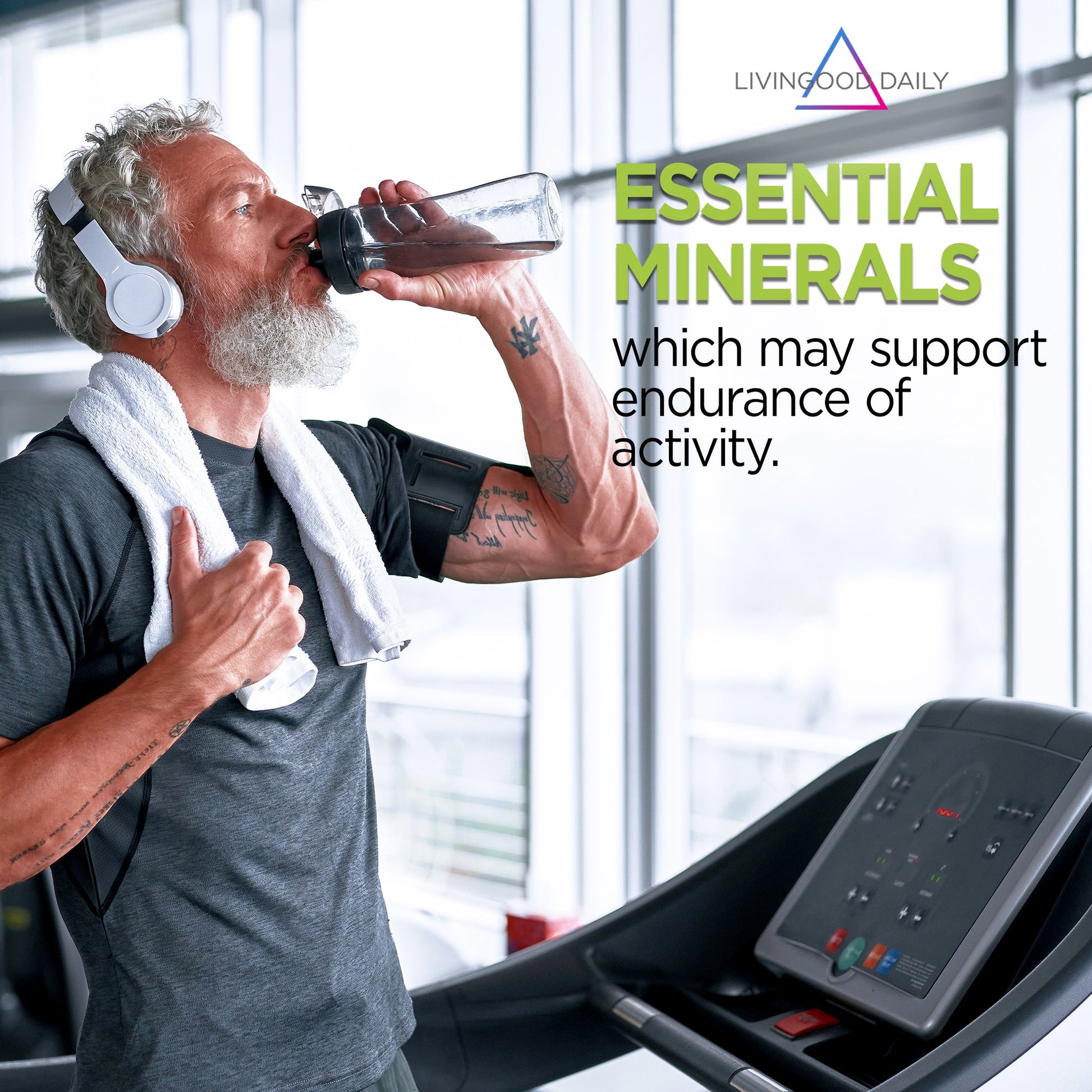 Man drinking water on treadmill with headphones and towel, fitness supplement advertisement, essential minerals for endurance.