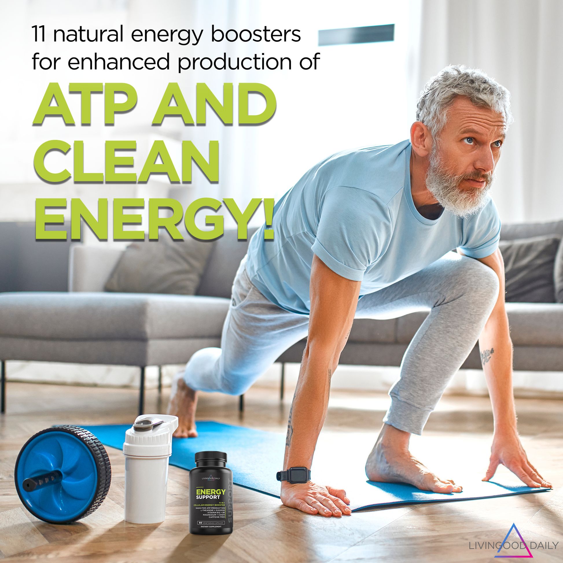 mature man exercising at home energy boosters ATP clean energy supplements