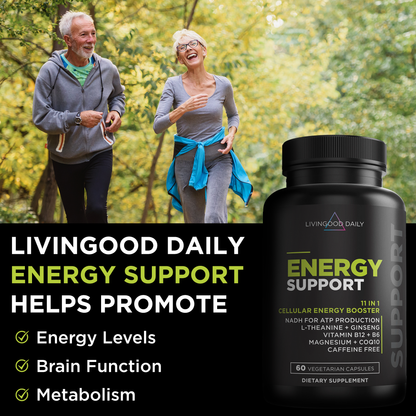 Senior couple jogging in park with Livingood Daily Energy Support supplement advertisement