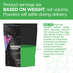 Green powder dietary supplement packaging with serving instructions