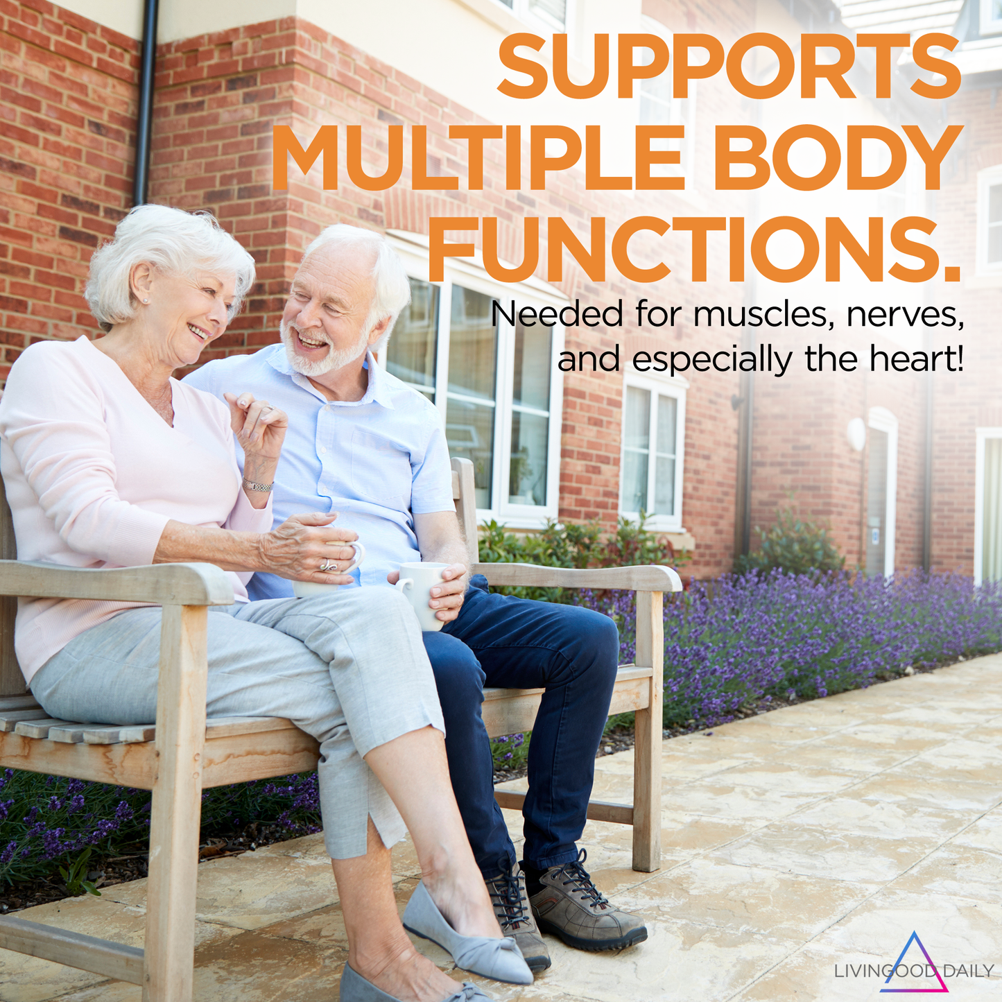 Elderly couple laughing on bench with health benefits message