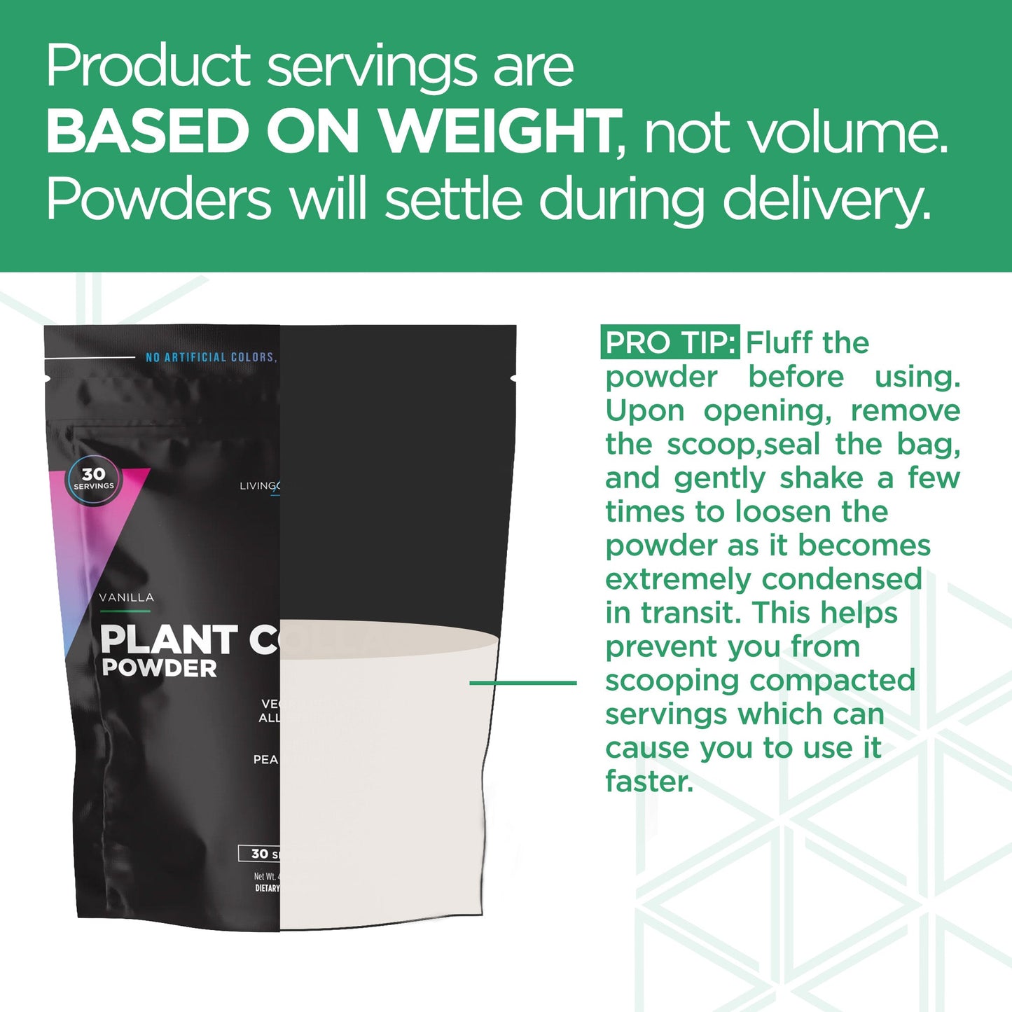 vanilla plant protein powder bag instruction serving based on weight