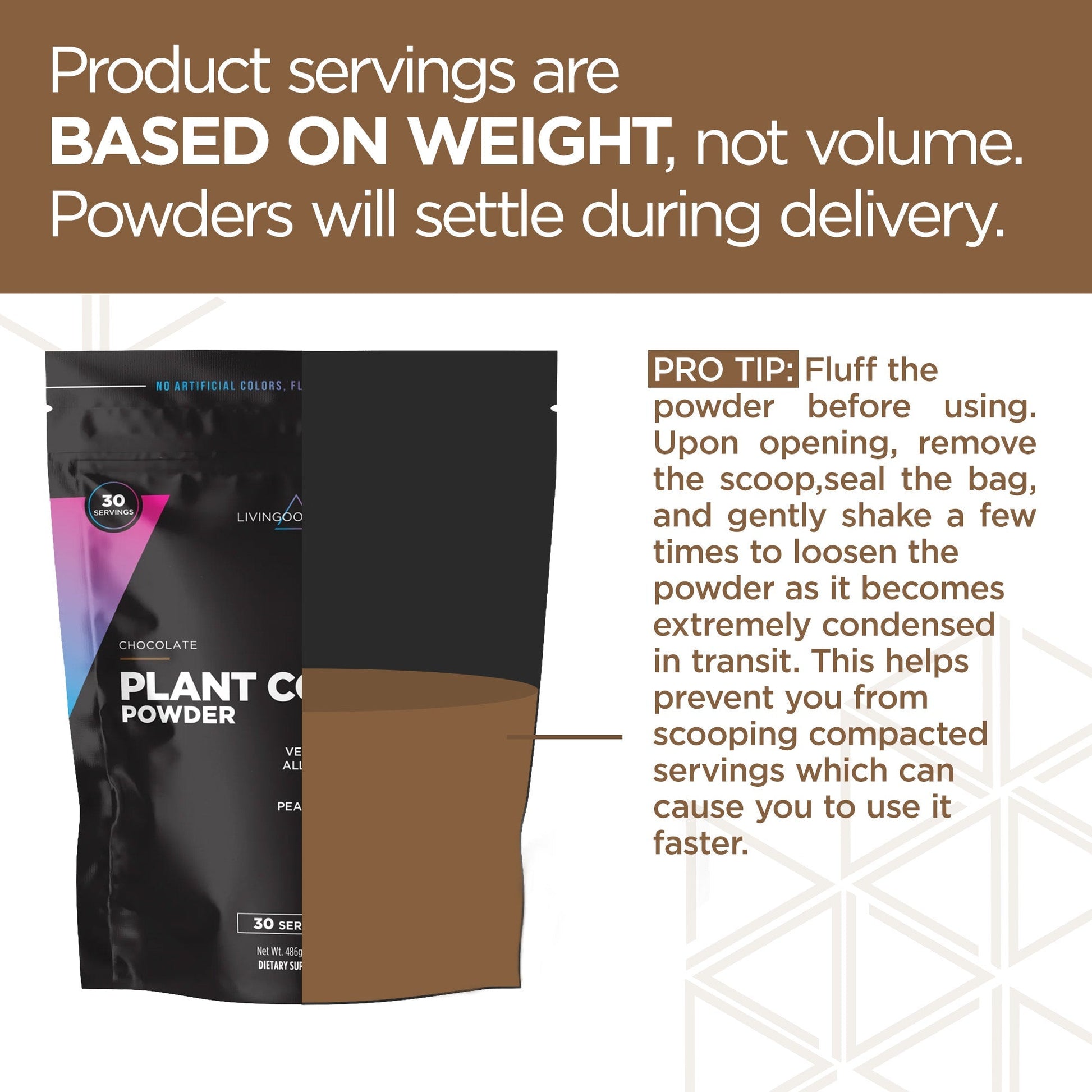 Chocolate Plant Protein Powder Packaging with Instructions and Weight Notice