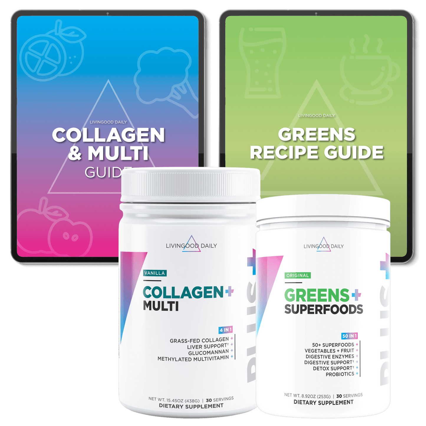 Livingood Daily dietary supplements collagen and greens with guides