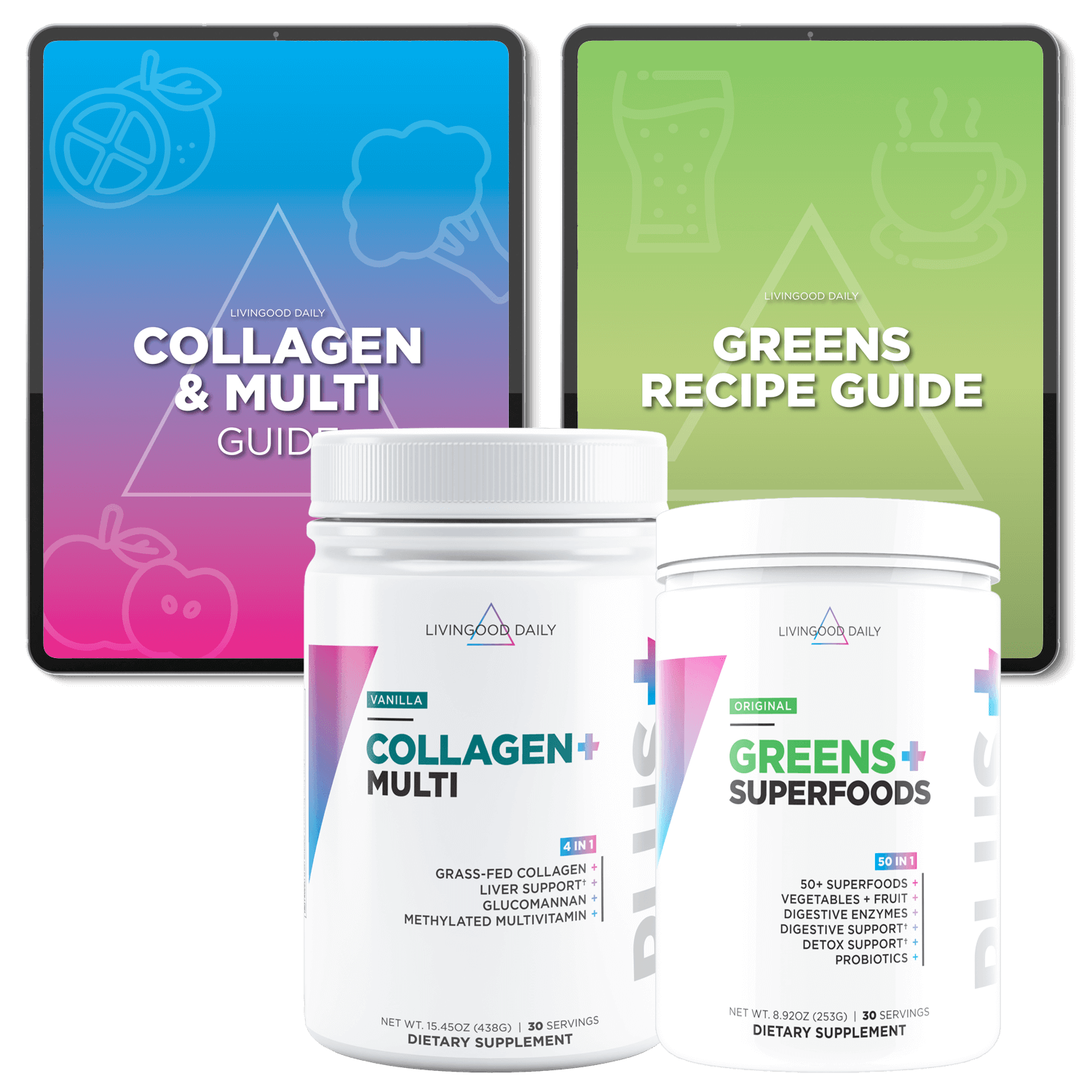 Livingood Daily dietary supplements collagen and greens with guides