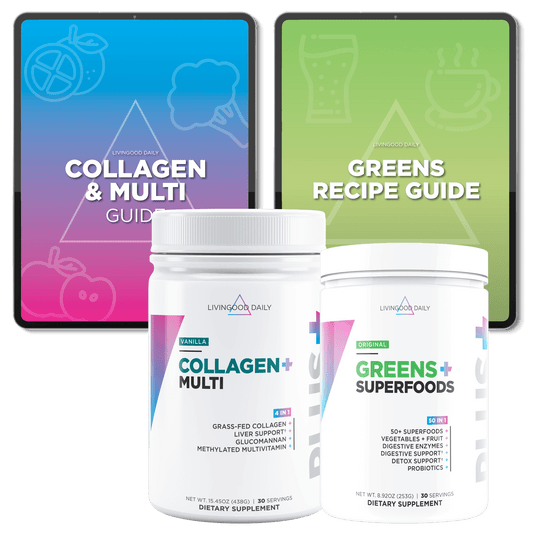 Livingood Daily dietary supplements collagen and greens with guides