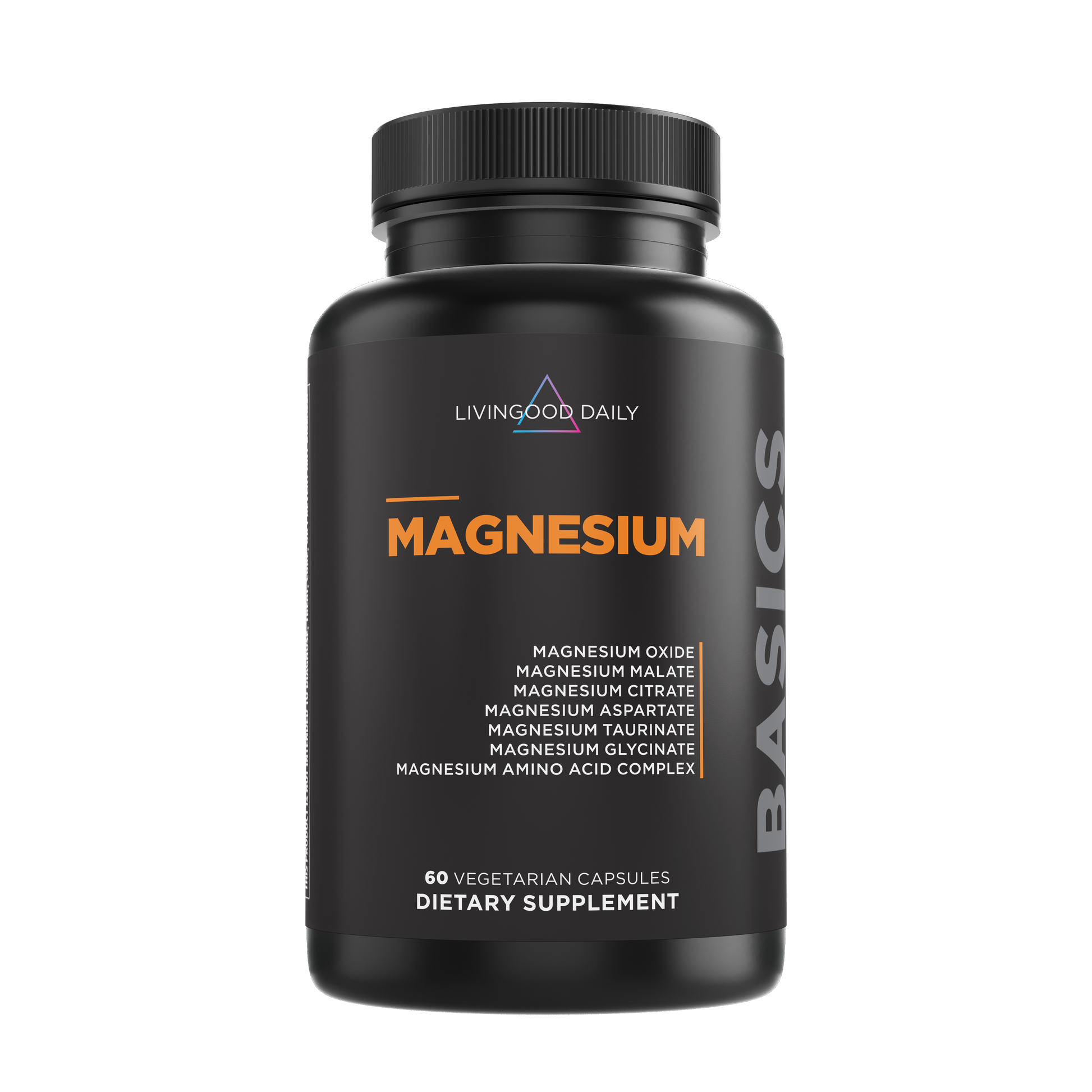 Front of dietary support supplement Magnesium with Oxide, Malate, and Amino Acid Complex plus other benefits in 60 vegetarian capsules