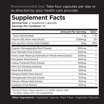 Supplement Facts label showing serving size, ingredients, and daily values for various nutrients.