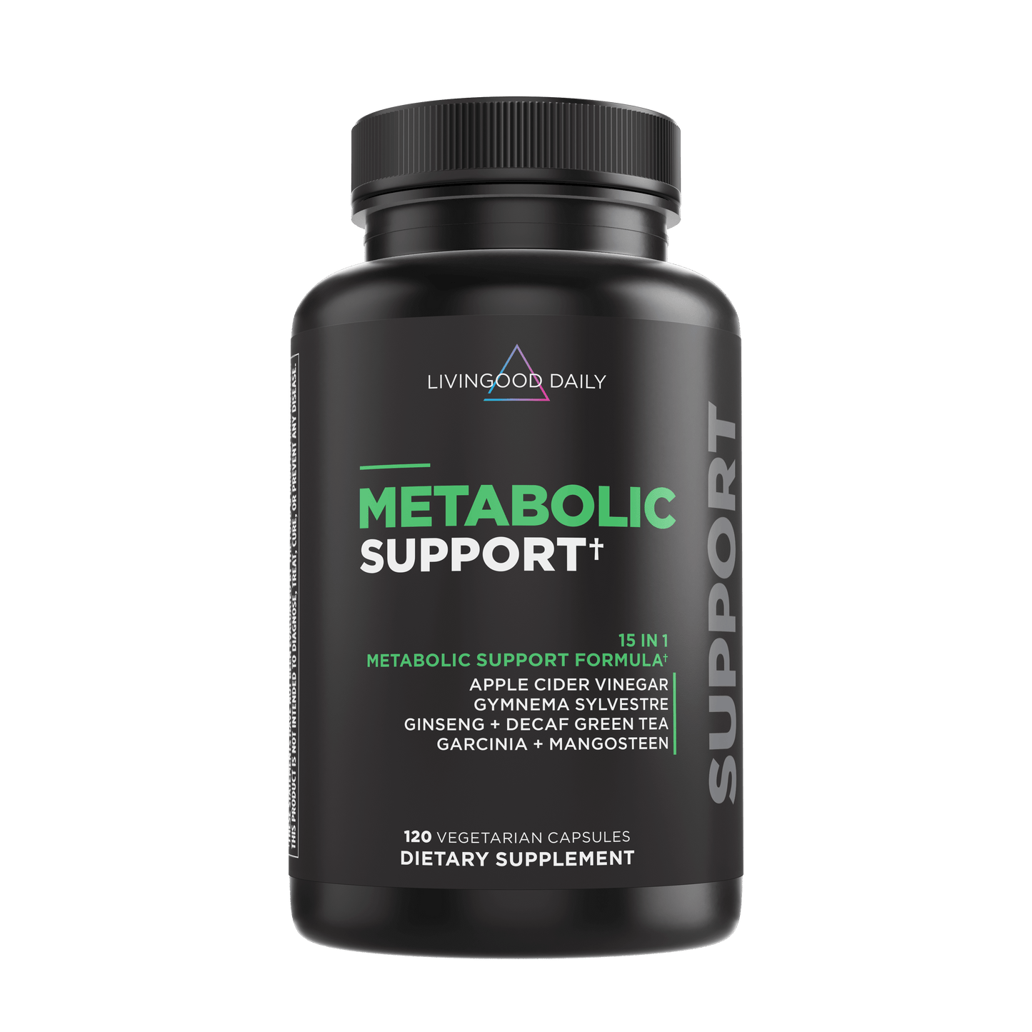 LivingGood Daily Metabolic Support dietary supplement bottle with vegetarian capsules