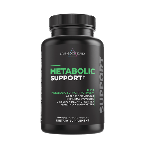 LivingGood Daily Metabolic Support dietary supplement bottle with vegetarian capsules