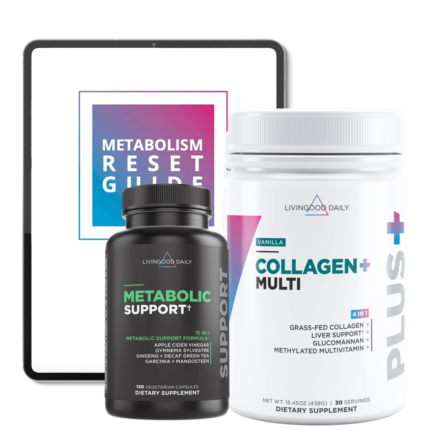 Metabolic support dietary supplement and collagen multi vitamins bottles with guide