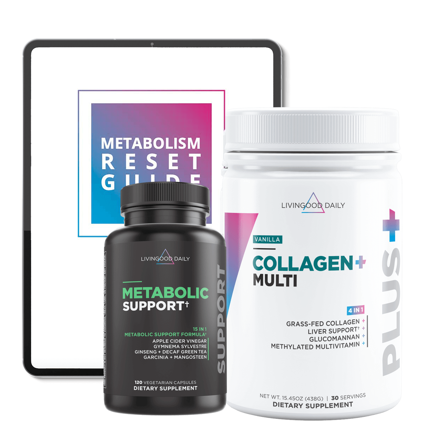 Metabolic support dietary supplement and collagen multi vitamins bottles with guide