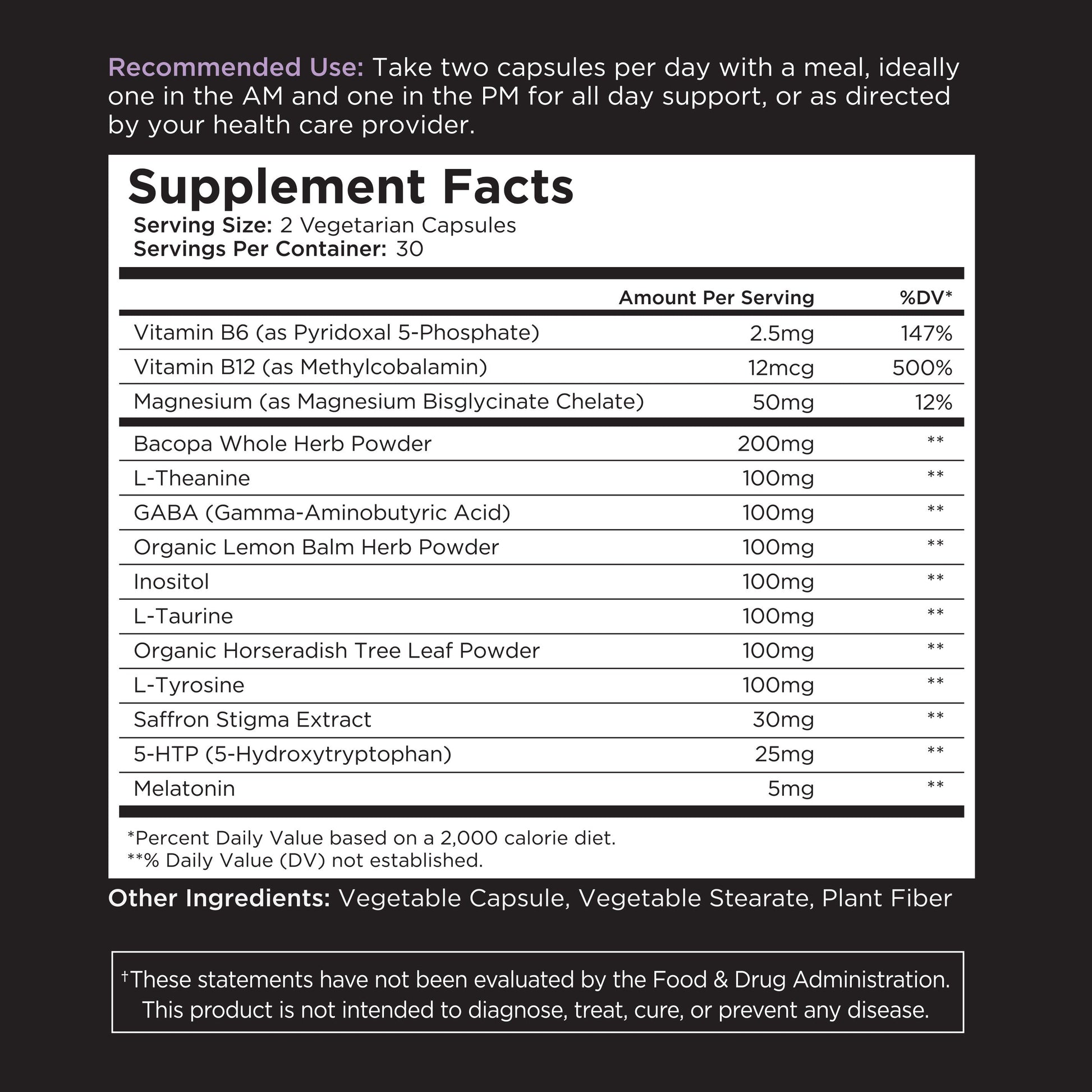 Nutritional supplement facts label listing ingredients and daily values