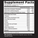 Supplement facts label showing nutritional information and ingredients of vegetarian capsules.