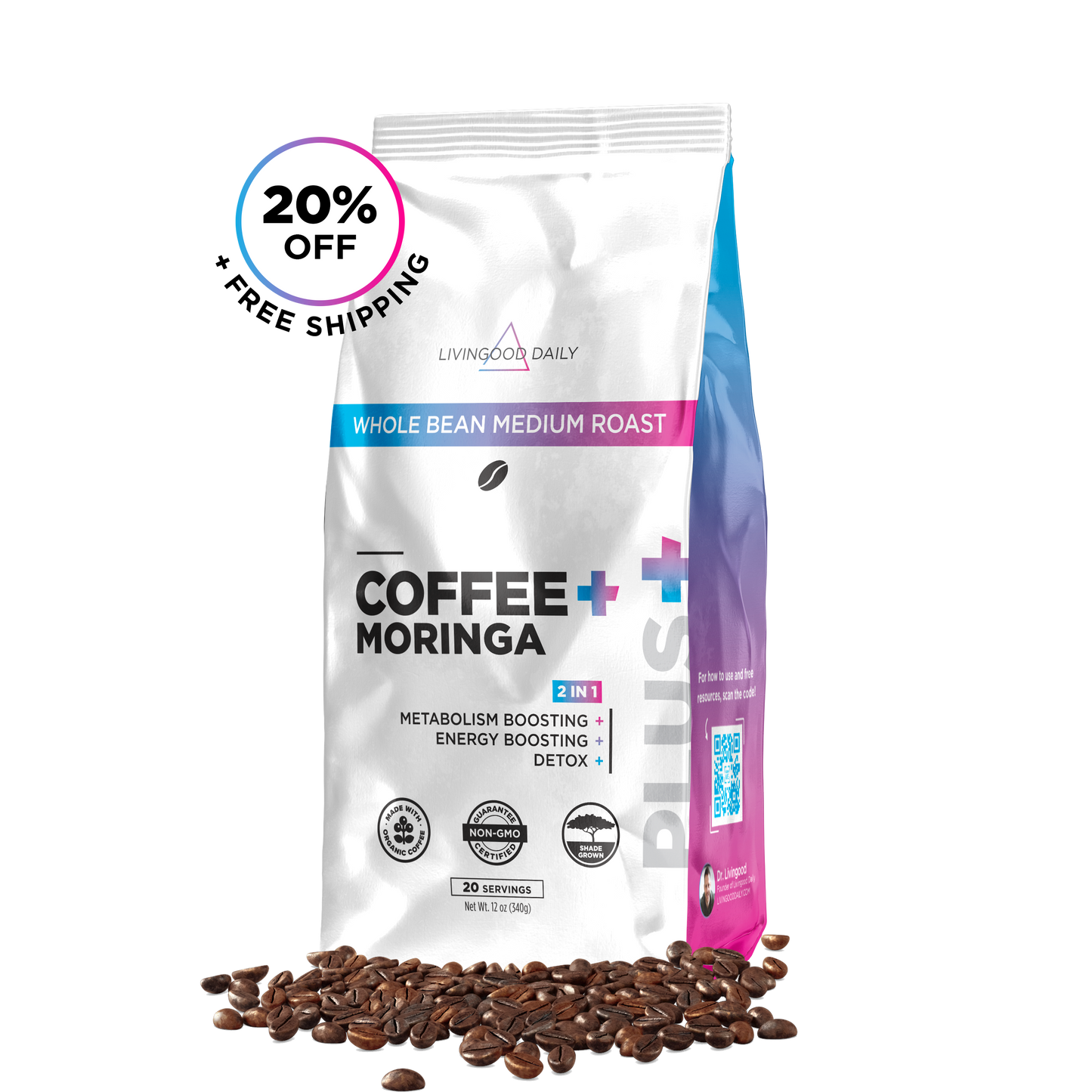 Livingood Daily Coffee + Moringa Whole Bean Medium Roast - 1 Pack