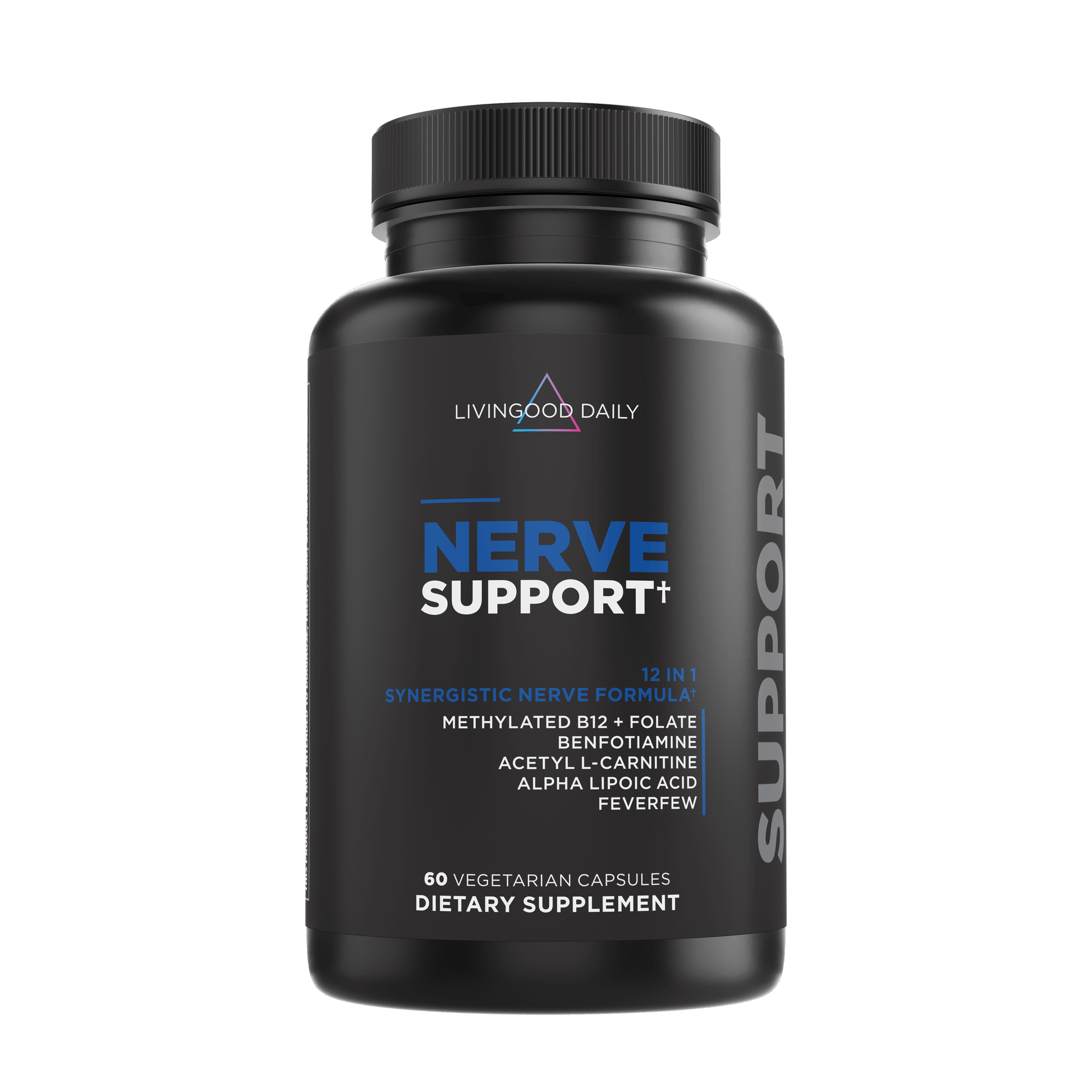 Livingood Daily Nerve Support dietary supplement bottle with ingredients 