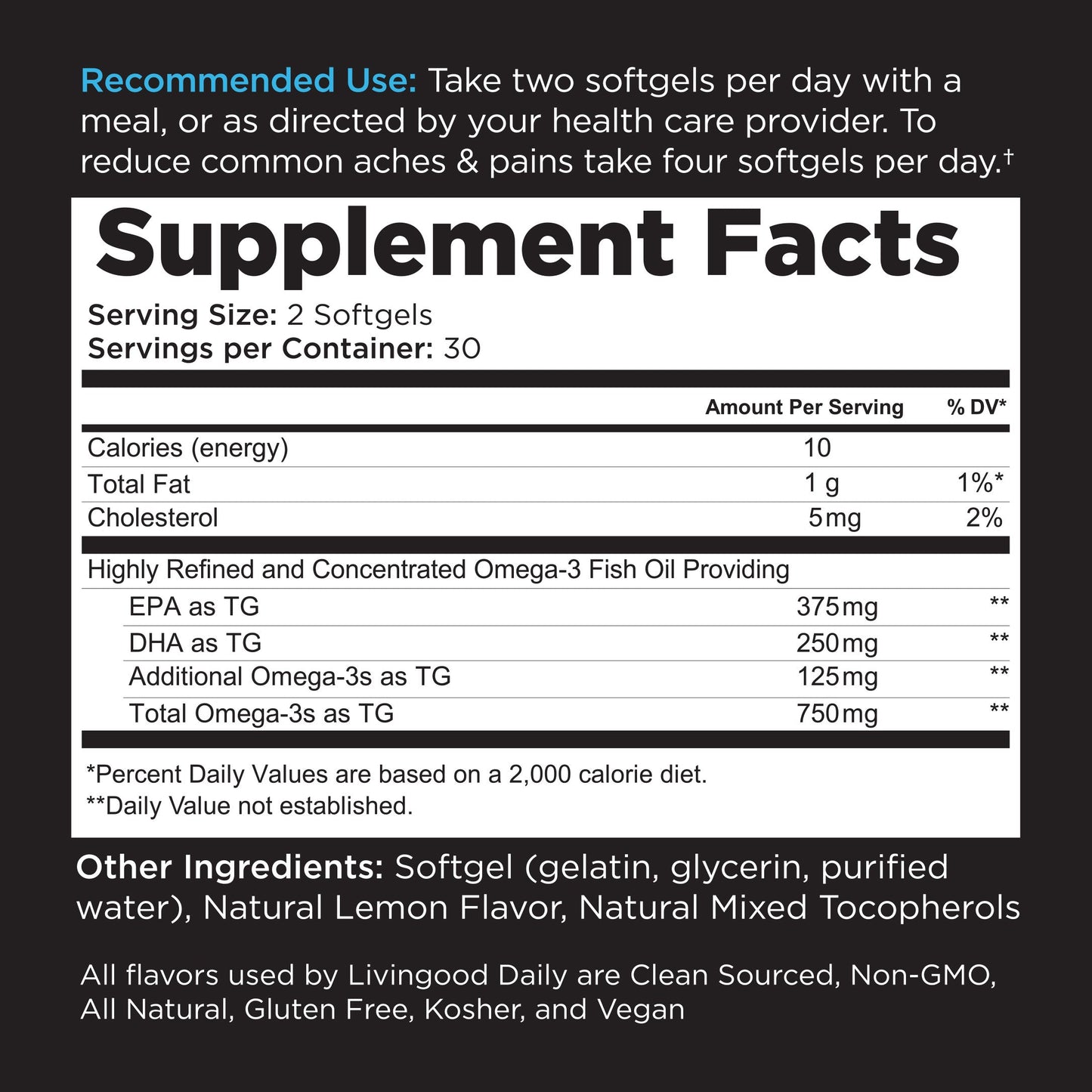 Supplement Facts label showing recommended use, serving size, servings per container, calories, total fat, cholesterol, omega-3 fish oil contents, daily values, and other ingredients including gelatin, glycerin, lemon flavor, and claims of being clean sourced, non-GMO, all natural, gluten-free, kosher, and vegan.