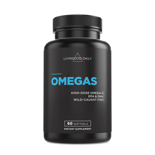 Livingood Daily Omegas supplement bottle high-dose Omega-3 EPA DHA wild-caught fish 60 softgels dietary.