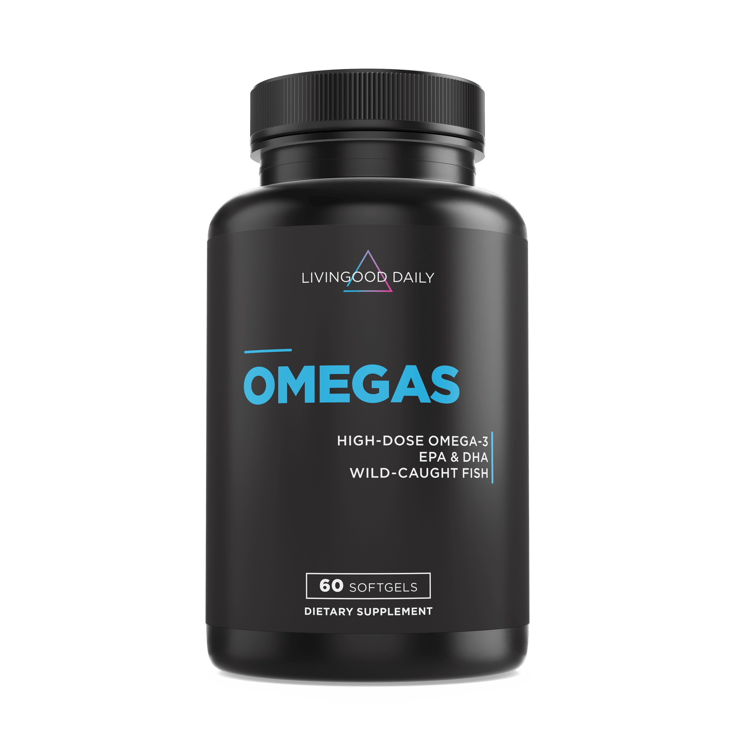 Livingood Daily Omegas supplement bottle with high-dose Omega-3 EPA DHA from wild-caught fish, 60 softgels dietary supplement