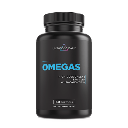 Livingood Daily Omegas supplement bottle with high-dose Omega-3 EPA DHA from wild-caught fish, 60 softgels dietary supplement