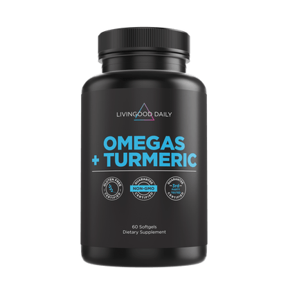 Livingood Daily Omegas and Turmeric dietary supplement bottle with certifications