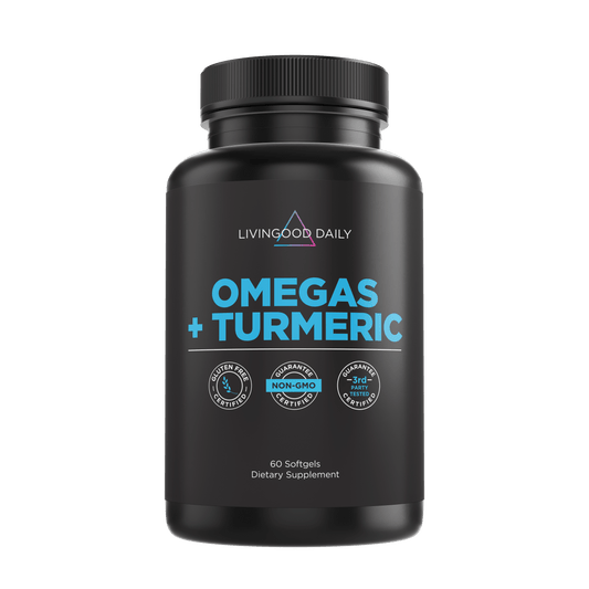 Livingood Daily Omegas and Turmeric dietary supplement bottle with certifications