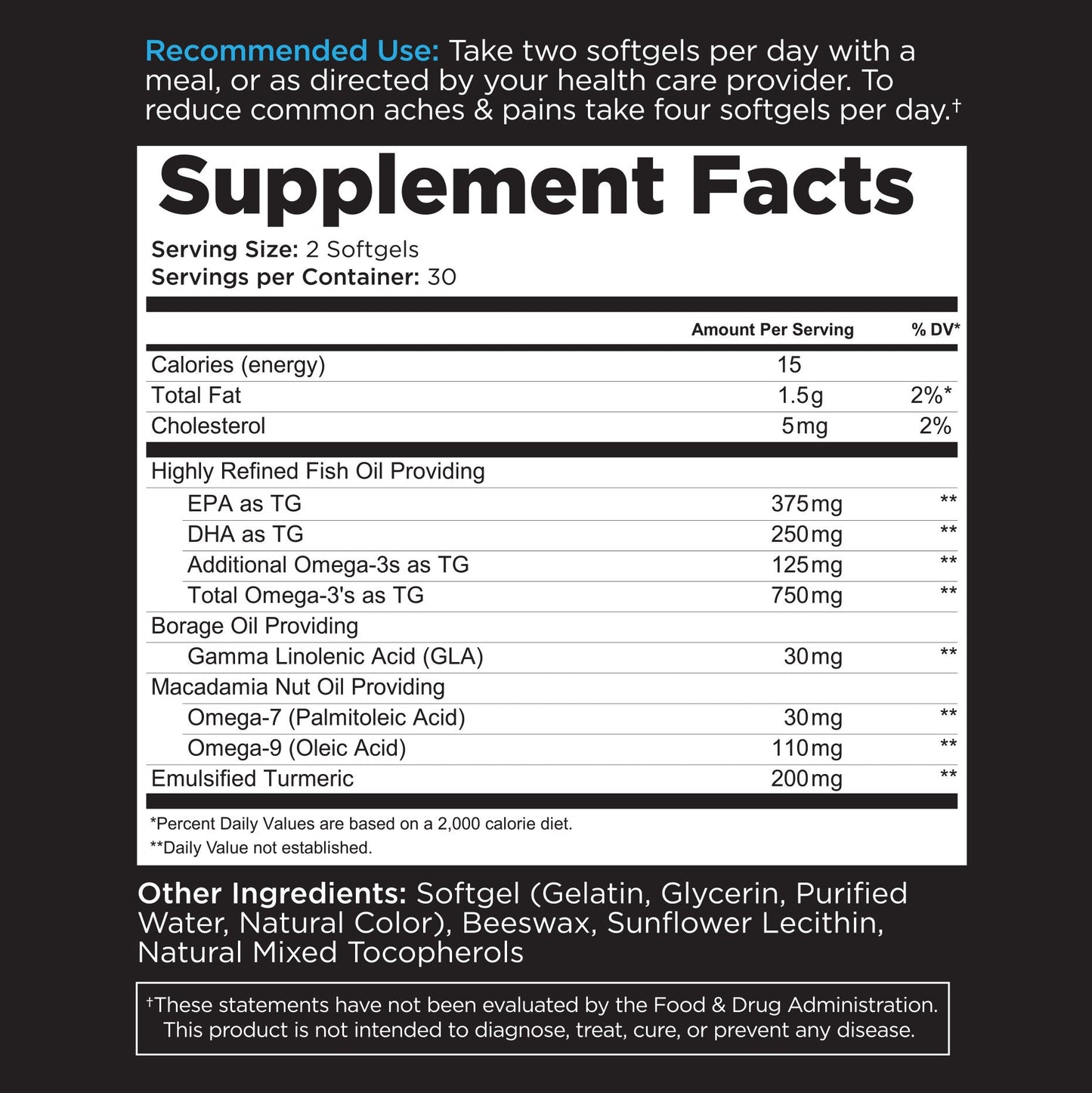 Nutritional supplement facts label showing ingredients and daily values for Omega-3, GLA, Oleic Acid, and Emulsified Turmeric