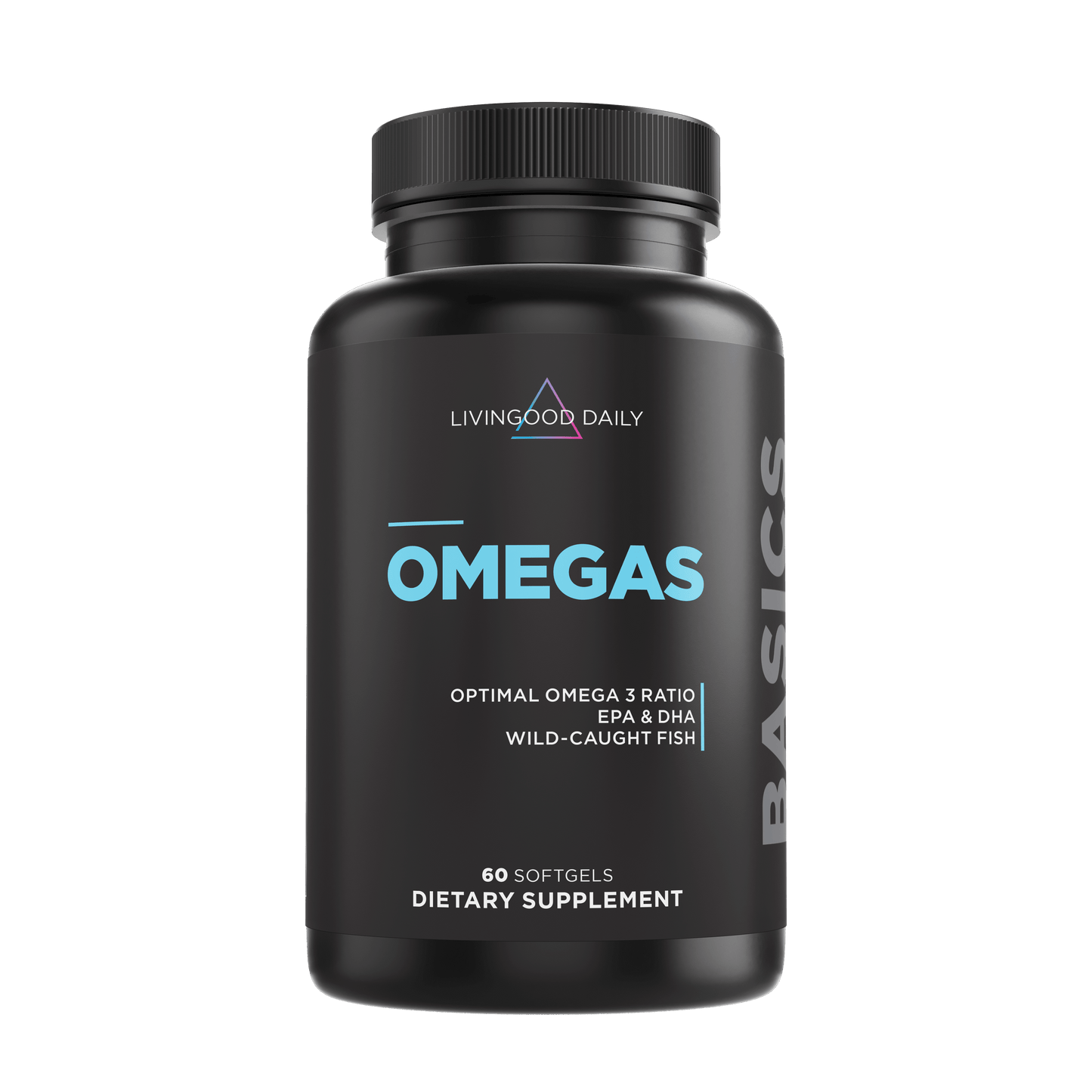 Livingood Daily Omegas dietary supplement bottle with 60 softgels, optimal omega 3 ratio EPA & DHA from wild-caught fish.