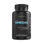Livingood Daily Omegas dietary supplement bottle with 60 softgels, optimal omega 3 ratio EPA & DHA from wild-caught fish.