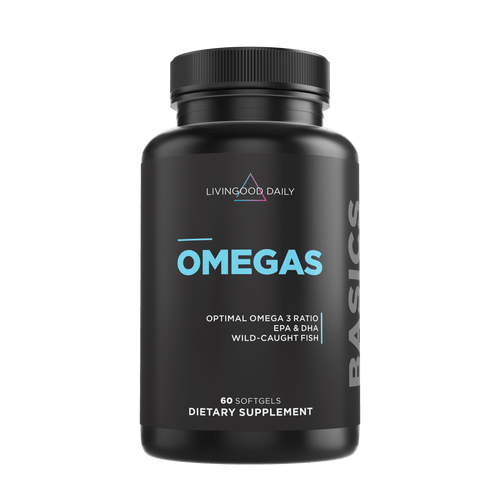 Livingood Daily Omegas dietary supplement bottle with 60 softgels, optimal omega 3 ratio EPA & DHA from wild-caught fish.