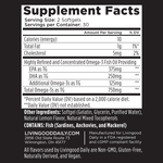 Omega-3 fish oil supplement facts label with nutritional information and ingredients list.