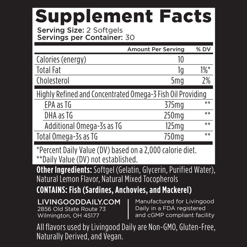 Omega-3 fish oil supplement facts label with nutritional information and ingredients list.