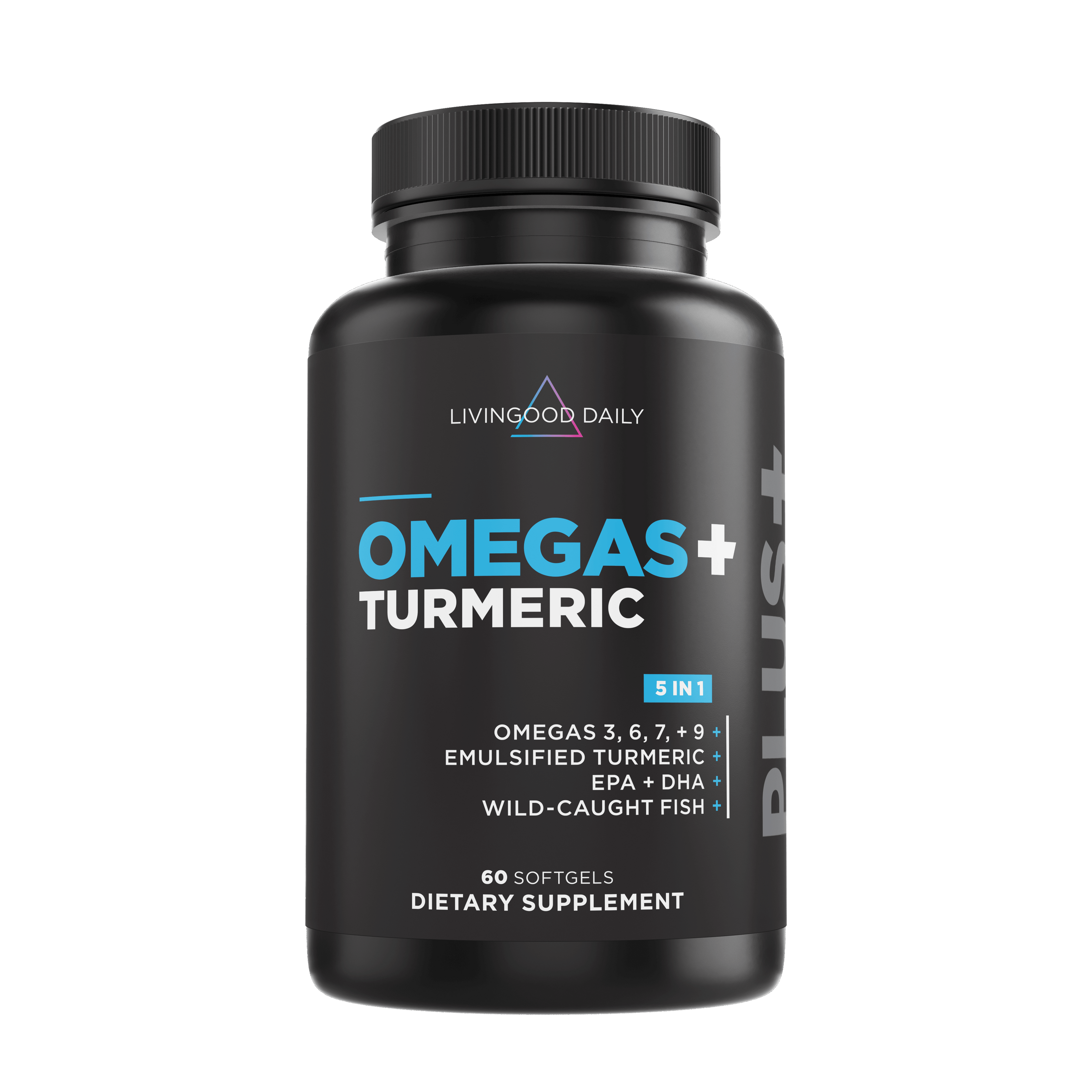 Omega-3 supplement bottle, Livingood Daily omegas plus turmeric, EPA DHA wild-caught fish, dietary supplement softgels.