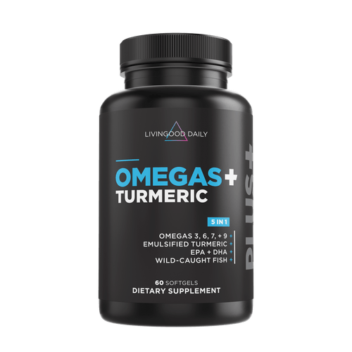 Omega-3 supplement bottle, Livingood Daily omegas plus turmeric, EPA DHA wild-caught fish, dietary supplement softgels.