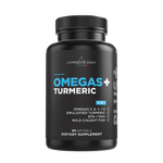 Image of the front of the Omegas and Tumeric Dietary Supplement that includes 5 in 1 benefits and 60 softgels