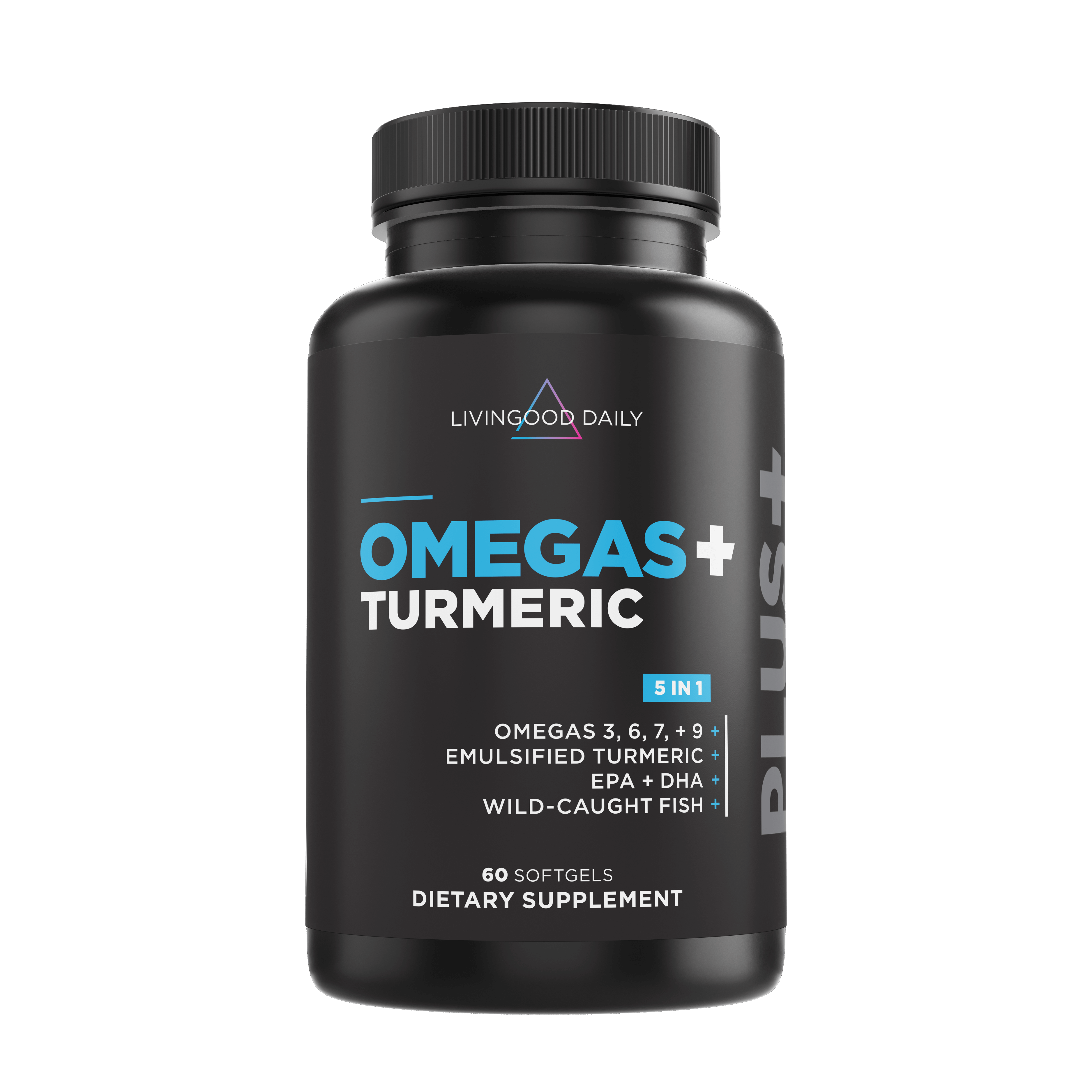 Image of the front of the Omegas and Tumeric Dietary Supplement that includes 5 in 1 benefits and 60 softgels