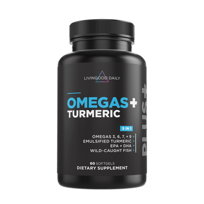 Image of the front of the Omegas and Tumeric Dietary Supplement that includes 5 in 1 benefits and 60 softgels