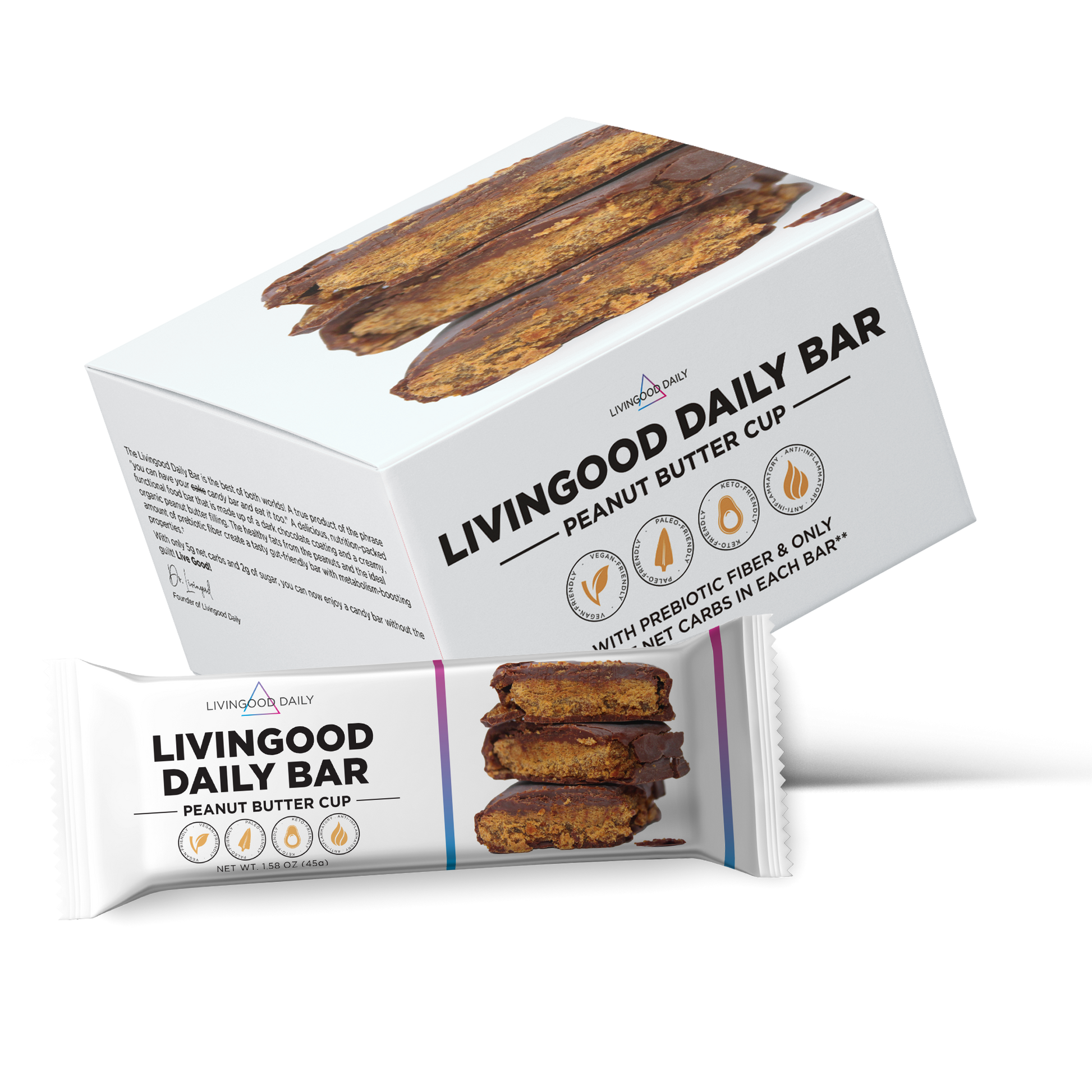 Livingood Daily Bar Peanut Butter Cup flavor with prebiotic fiber package and nutritional bars
