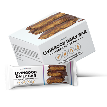 Livingood Daily Bar Peanut Butter Cup flavor with prebiotic fiber package and nutritional bars