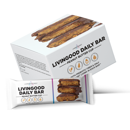 Livingood Daily Bar Peanut Butter Cup flavor with prebiotic fiber package and nutritional bars