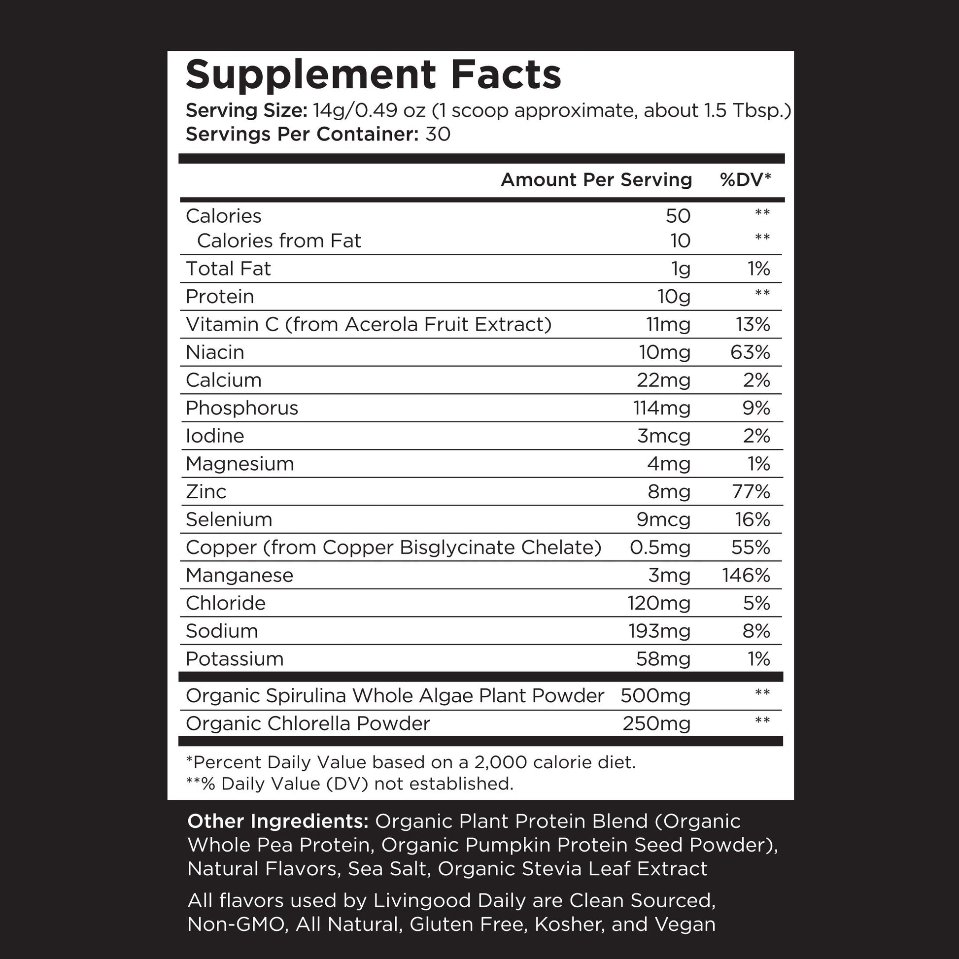 nutritional supplement facts label, dietary information, vitamin content, protein amount, organic ingredients list