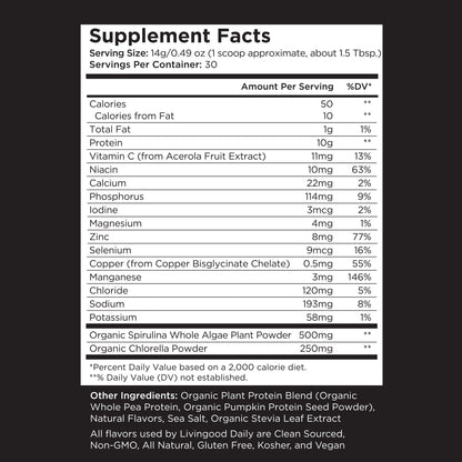 nutritional supplement facts label, dietary information, vitamin content, protein amount, organic ingredients list