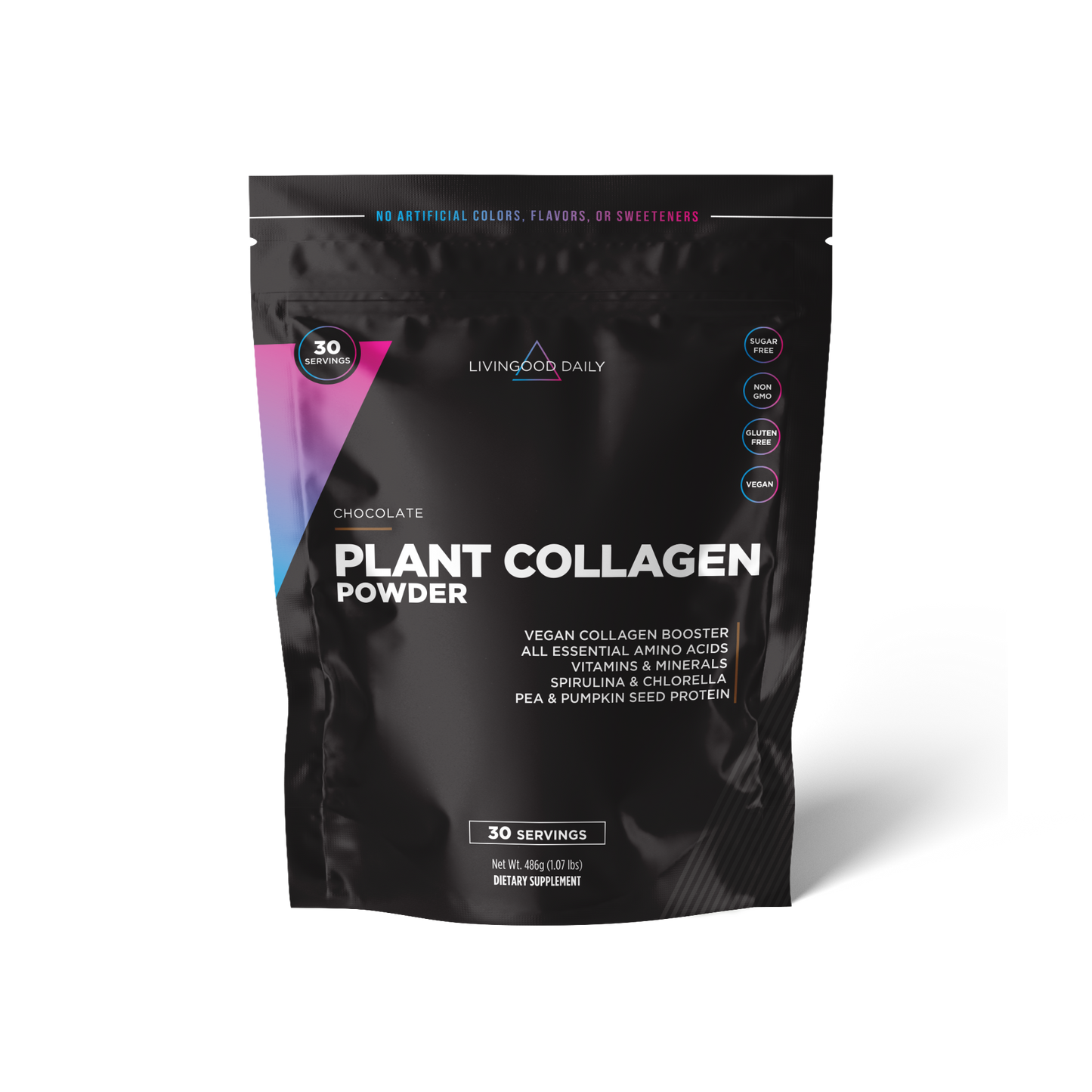 Chocolate flavor Livingood Daily Plant Collagen Powder supplement package