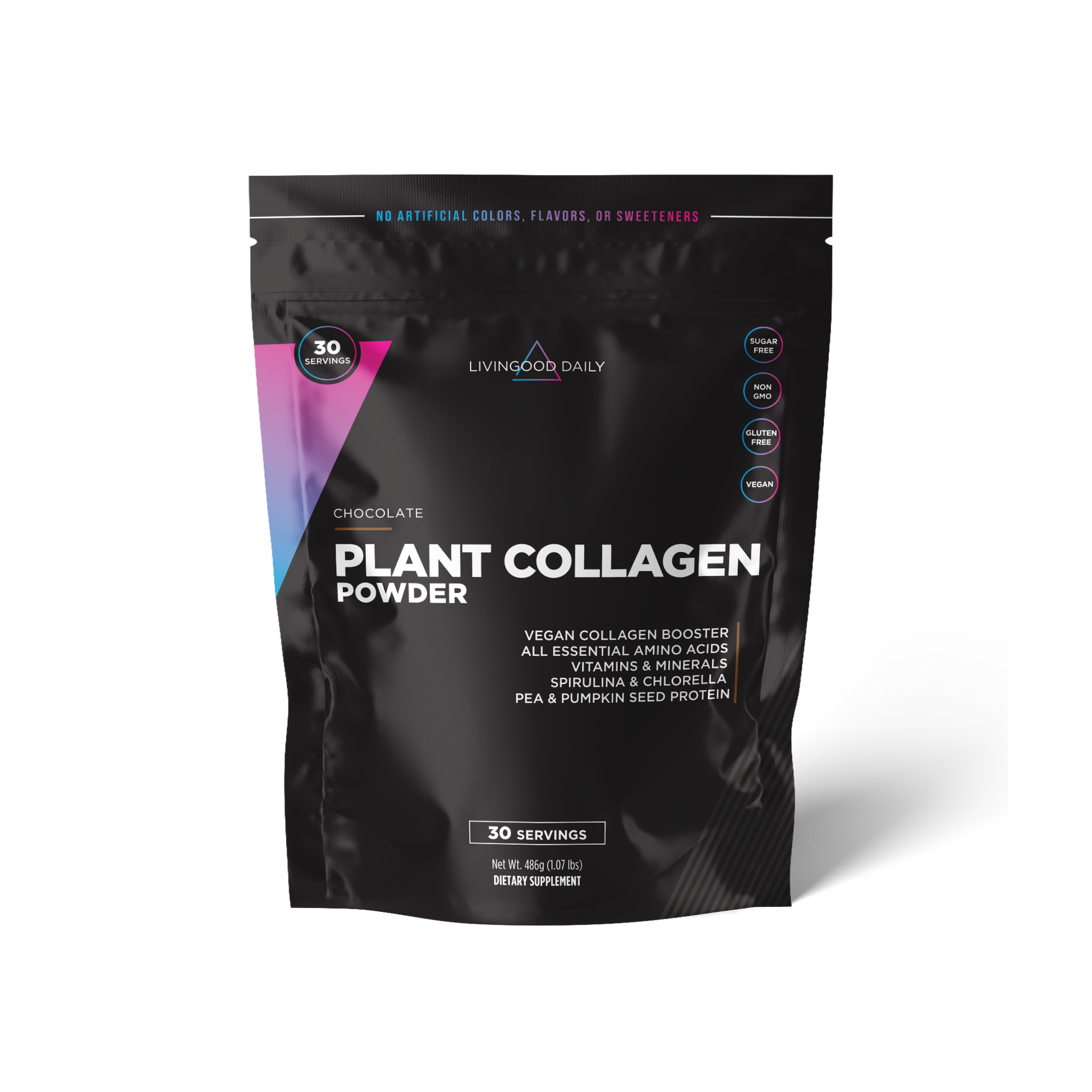 Chocolate flavor Livingood Daily Plant Collagen Powder supplement package