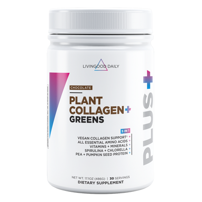 Front of dietary plus supplement Chocolate Plant Collagen plus Greens with 5 in 1 benefits and 30 servings