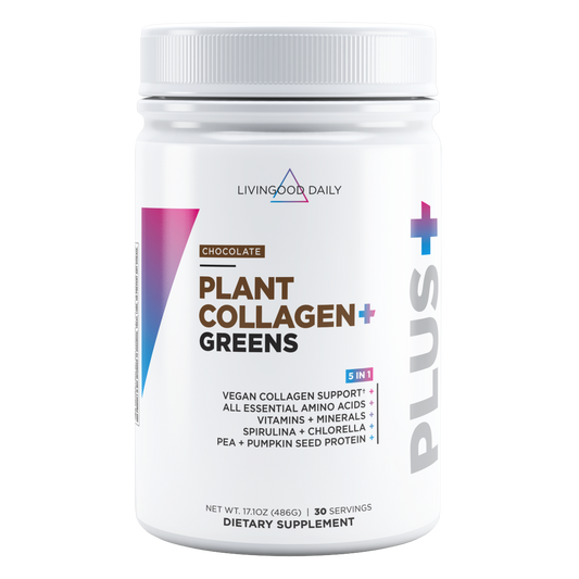 Front of dietary plus supplement Chocolate Plant Collagen plus Greens with 5 in 1 benefits and 30 servings